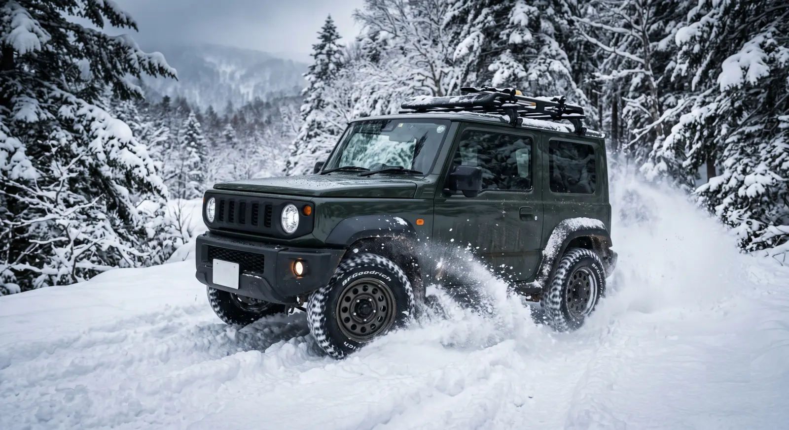 深雪の林道を走る4WD車の構想イメージ（AI生成）
